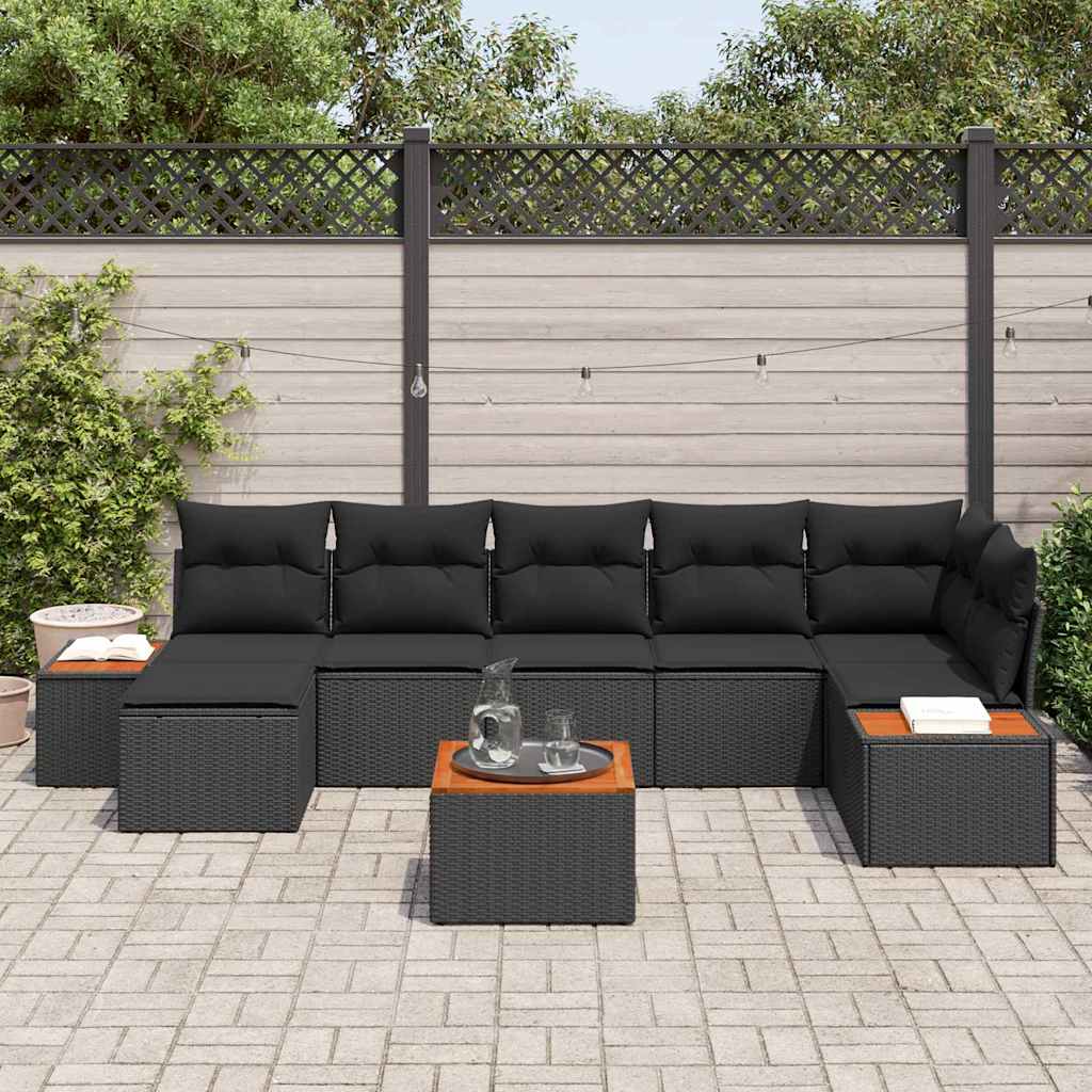 Set Divano da Giardino con cuscino 8 pcs Nero polyrattan