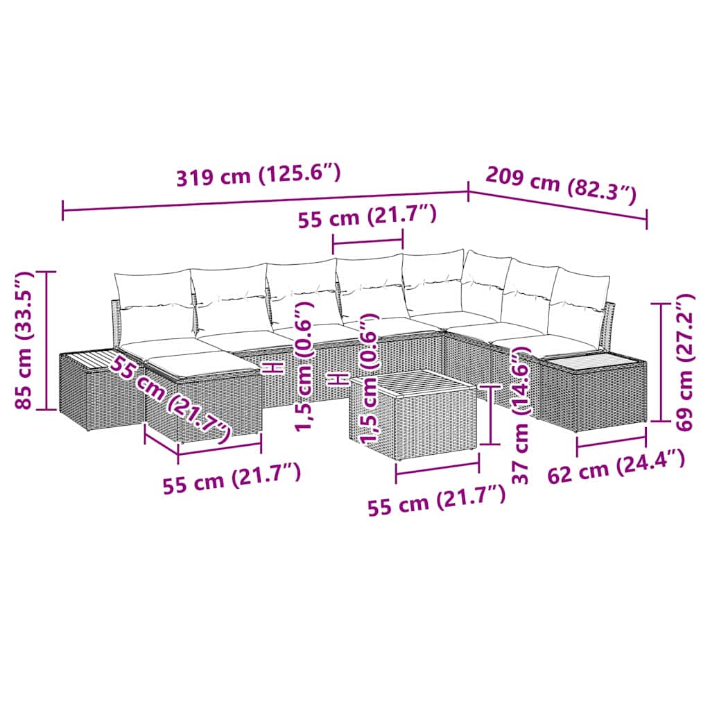 Set Divano da Giardino con cuscino 9 pcs Nero polyrattan