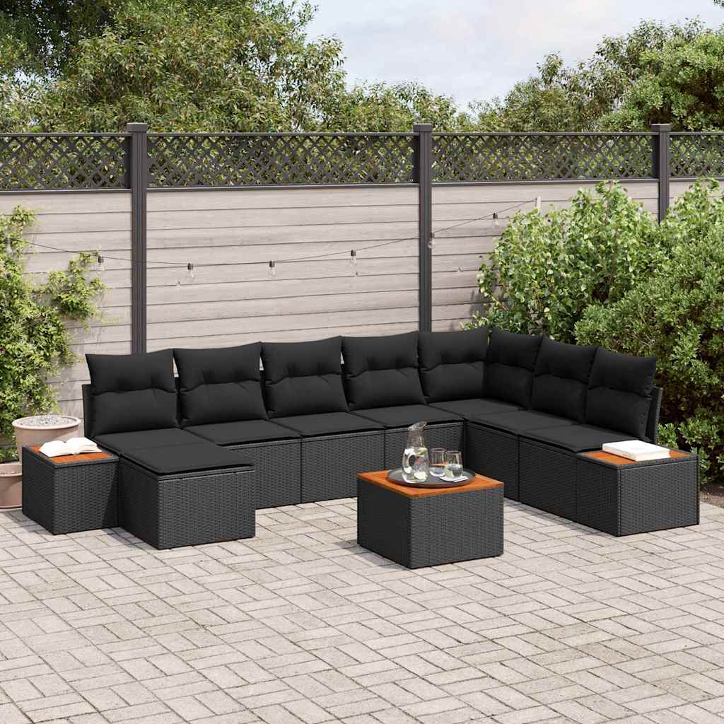 Set Divano da Giardino con cuscino 9 pcs Nero polyrattan