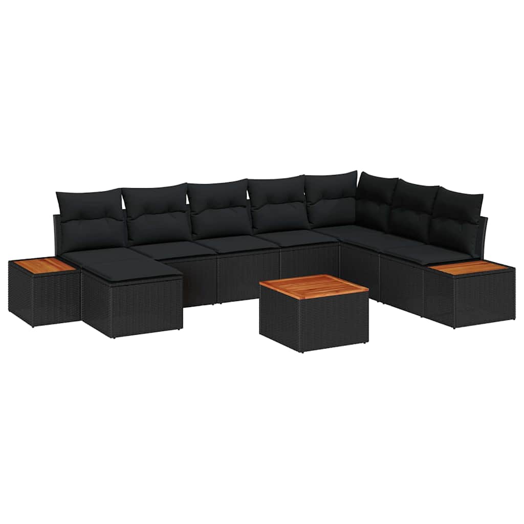 Set Divano da Giardino con cuscino 9 pcs Nero polyrattan