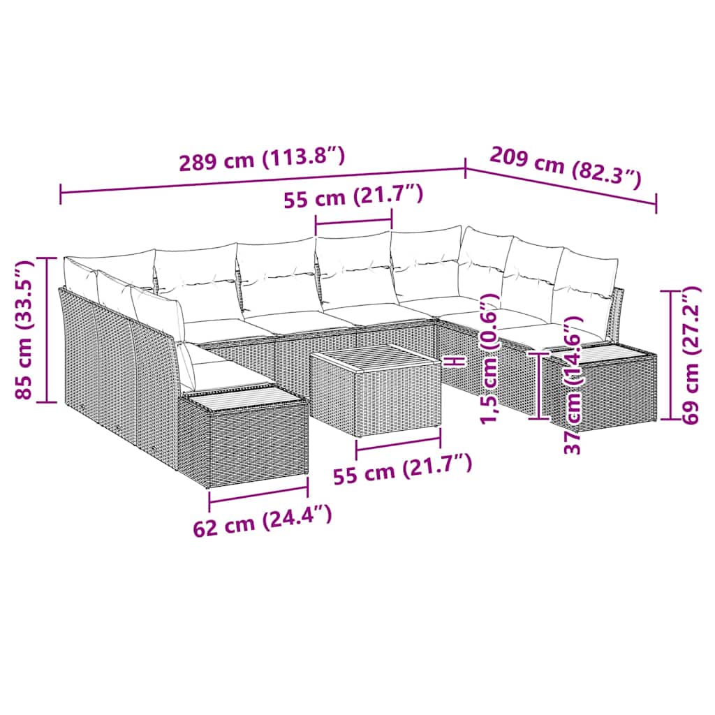 Set Divano da Giardino con cuscino 10 pcs Grigio Poly Rattan | homemem39