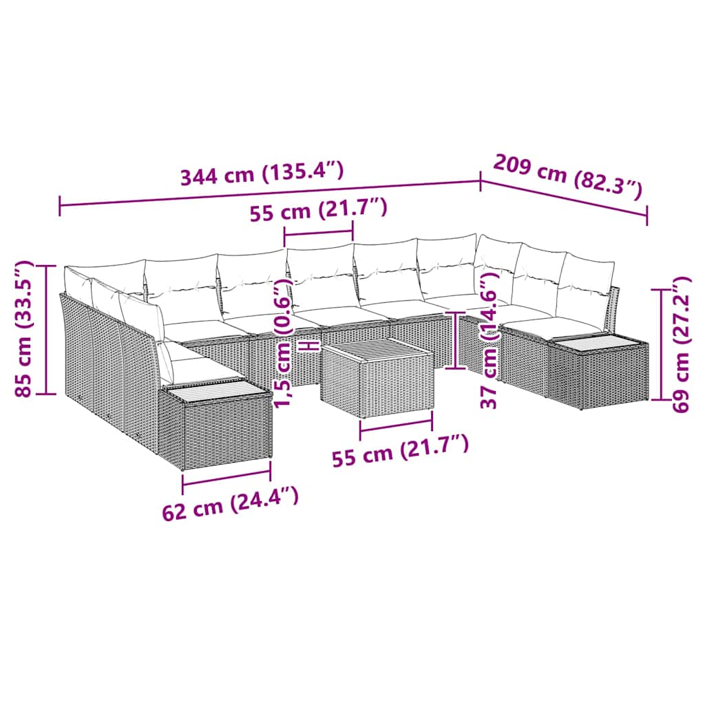 Set Divano da Giardino con cuscino 11 pcs Grigio Poly Rattan | homemem39