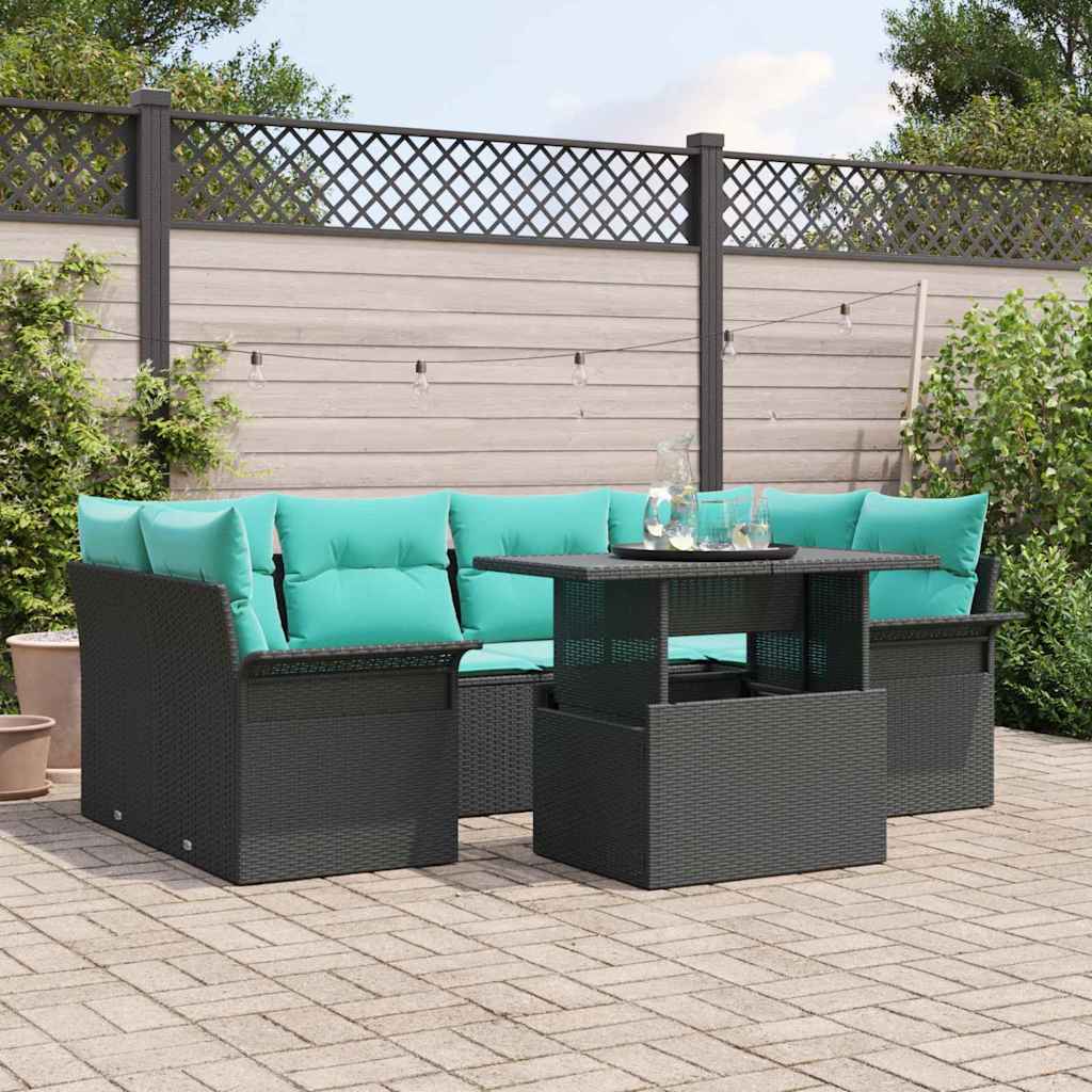Set Divano da Giardino con cuscino 7 pcs Nero Poly Rattan | homemem39
