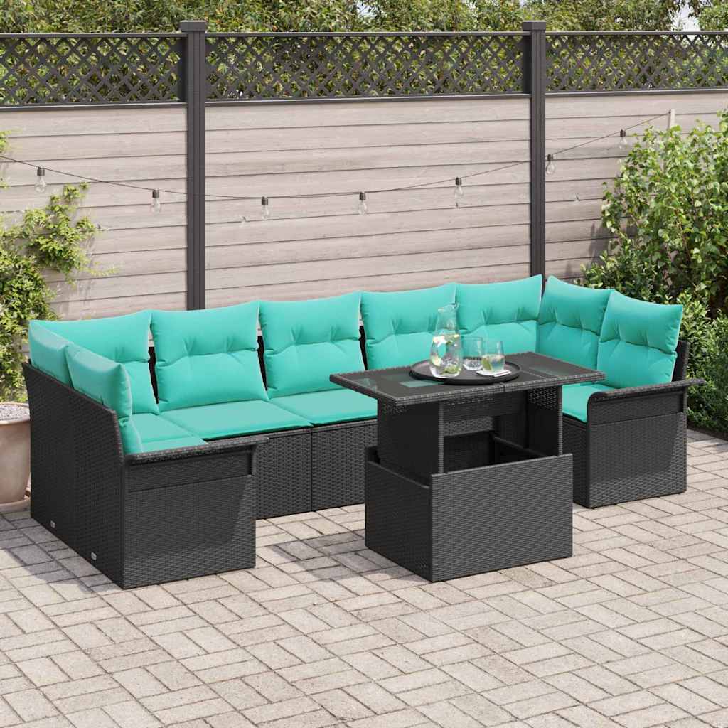 Set Divano da Giardino con cuscino 8 pcs Nero Poly Rattan | homemem39
