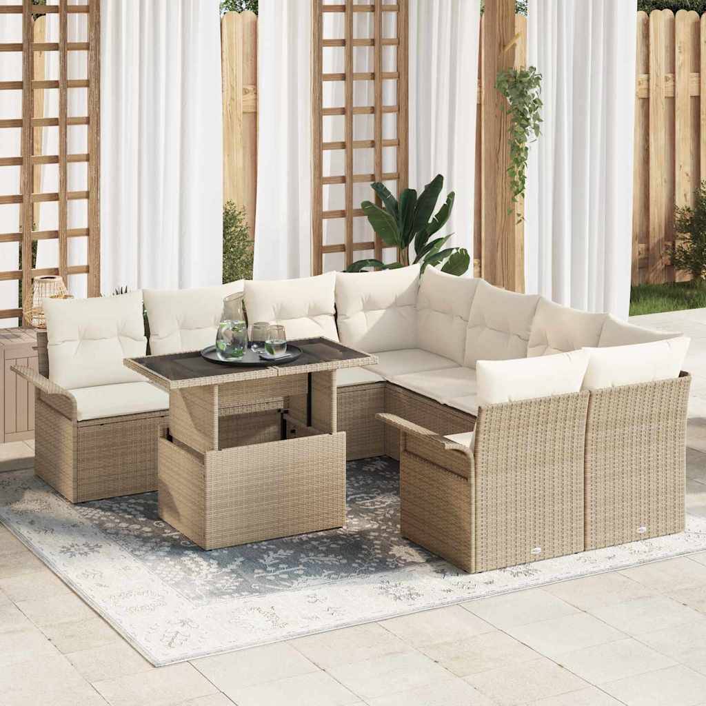 Set Divano da Giardino con cuscino 9 pcs Beige Poly Rattan | homemem39
