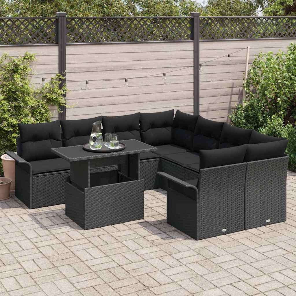 Set Divano da Giardino con cuscino 9 pcs Nero Poly Rattan | homemem39