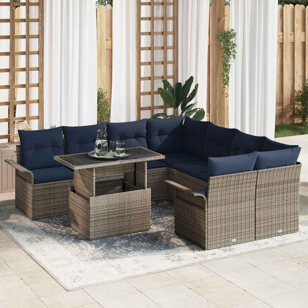 Set Divano da Giardino con cuscino 9 pcs Grigio Poly Rattan | homemem39