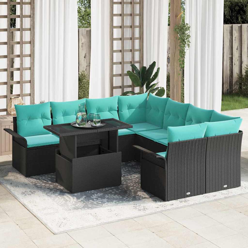 Set Divano da Giardino con cuscino 9 pcs Nero Poly Rattan | homemem39
