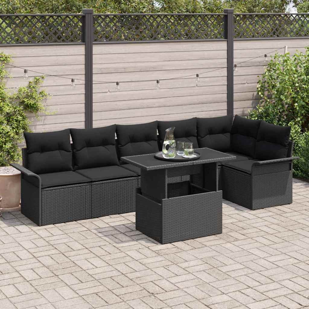 Set Divano da Giardino con cuscino 7 pcs Nero Poly Rattan | homemem39