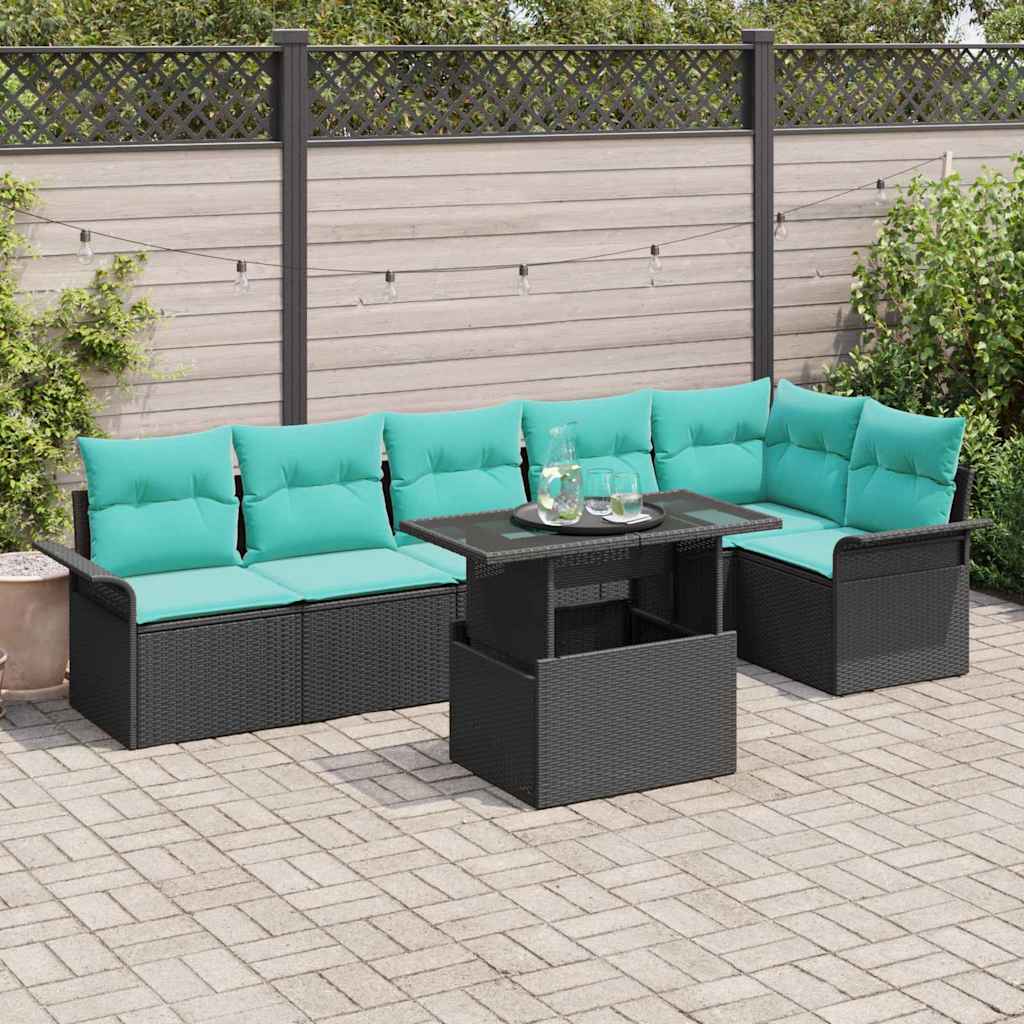 Set Divano da Giardino con cuscino 7 pcs Nero Poly Rattan | homemem39