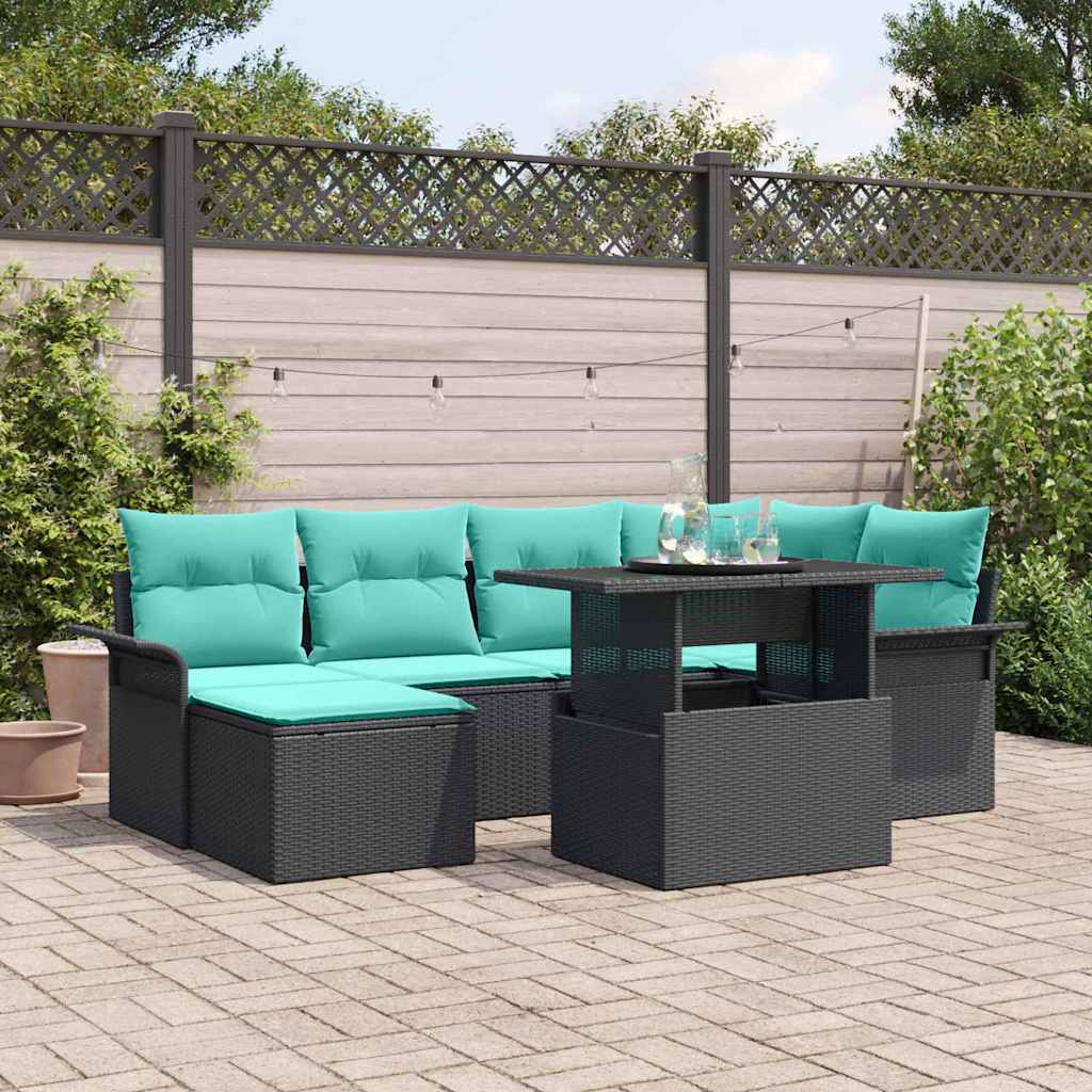 Set Divano da Giardino con cuscino 7 pcs Nero Poly Rattan | homemem39