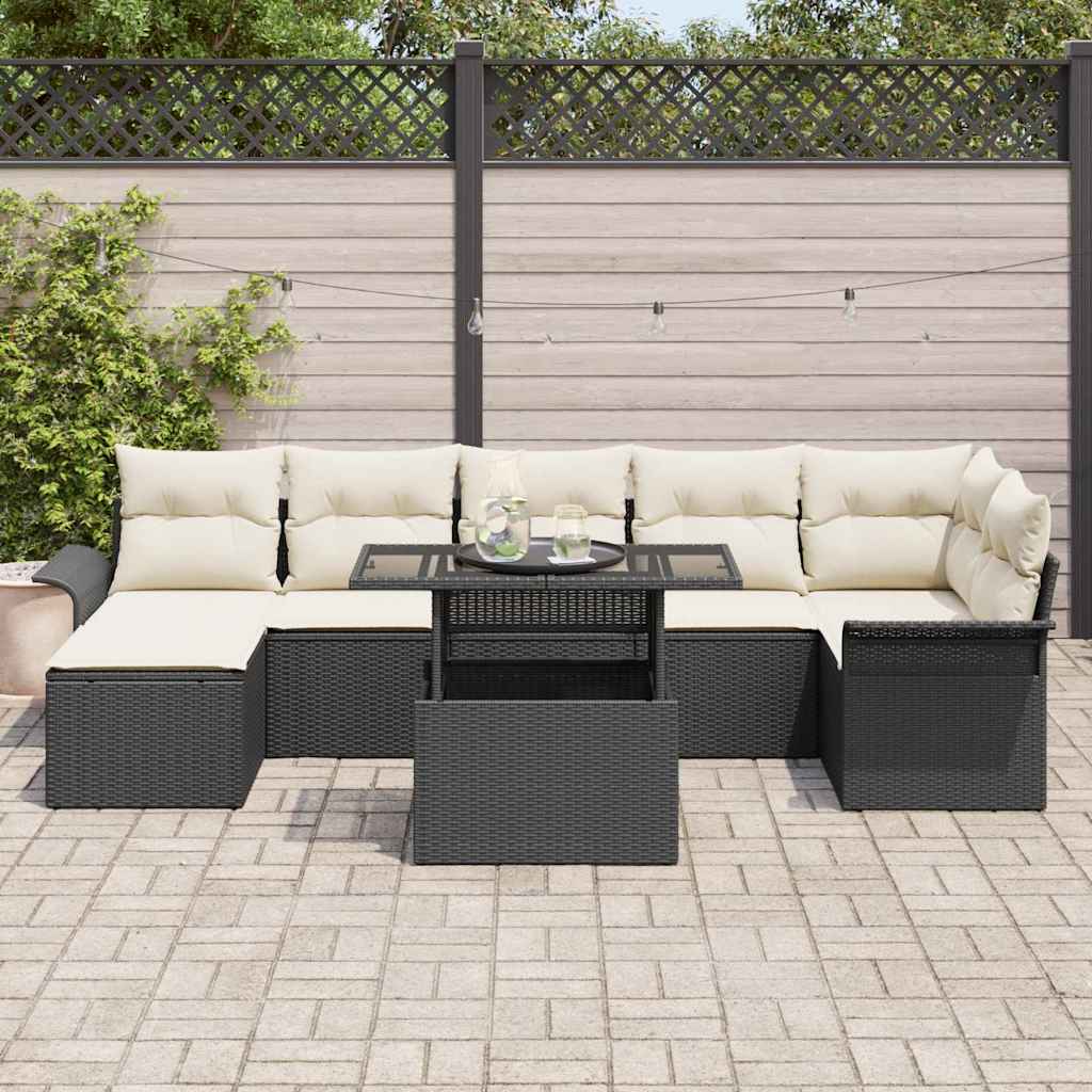 Set Divano da Giardino con cuscino 8 pcs Nero Poly Rattan | homemem39