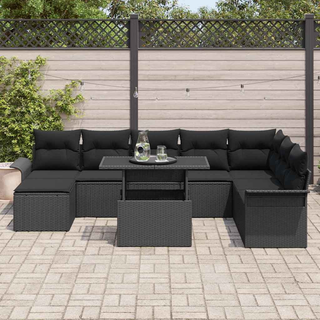 Set Divano da Giardino con cuscino 9 pcs Nero polyrattan | homemem39