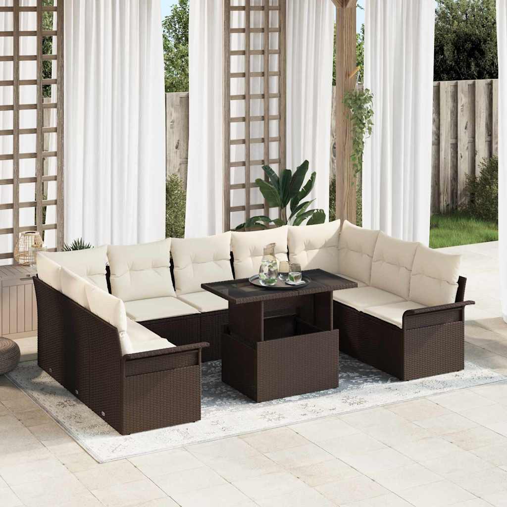 Set Divano da Giardino con cuscino 10 pcs Marrone Poly Rattan | homemem39