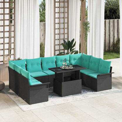 Set Divano da Giardino con cuscino 10 pcs Nero Poly Rattan | homemem39