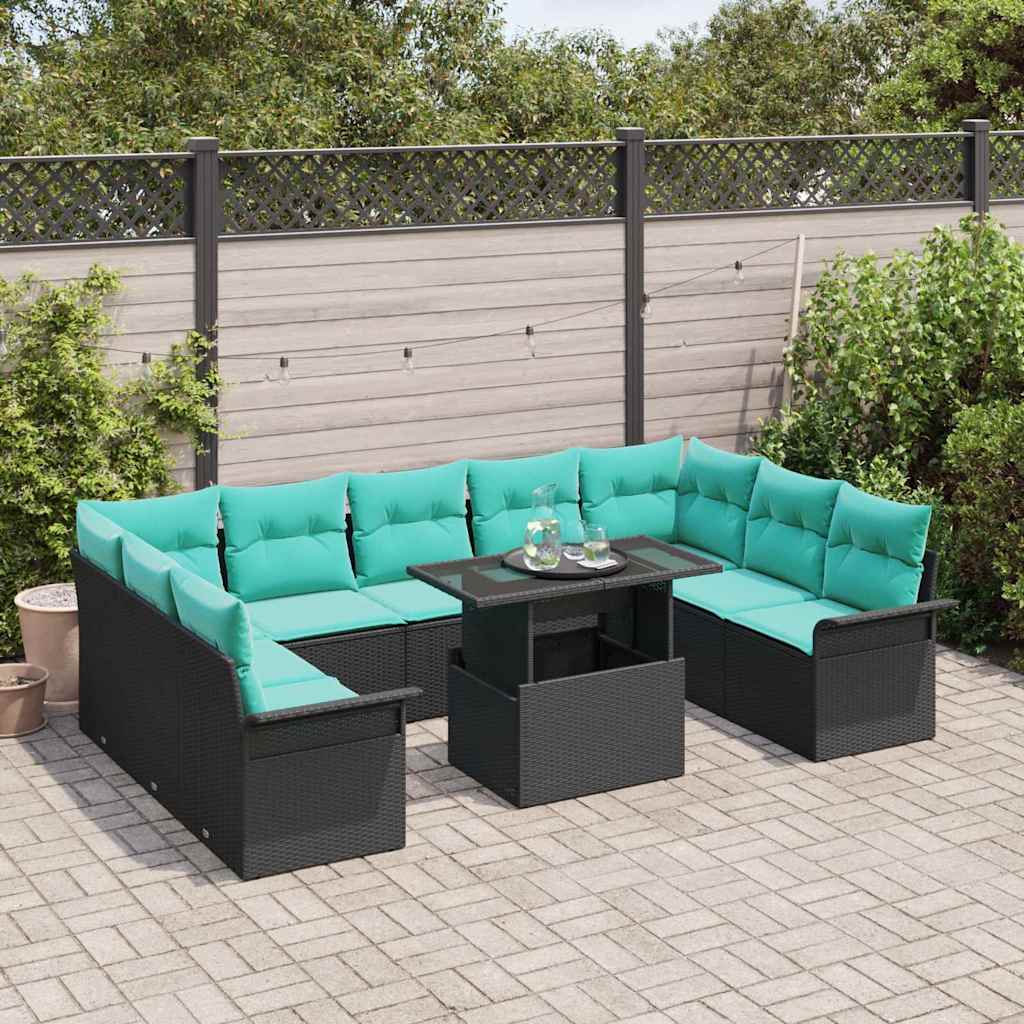 Set Divano da Giardino con cuscino 10 pcs Nero Poly Rattan | homemem39
