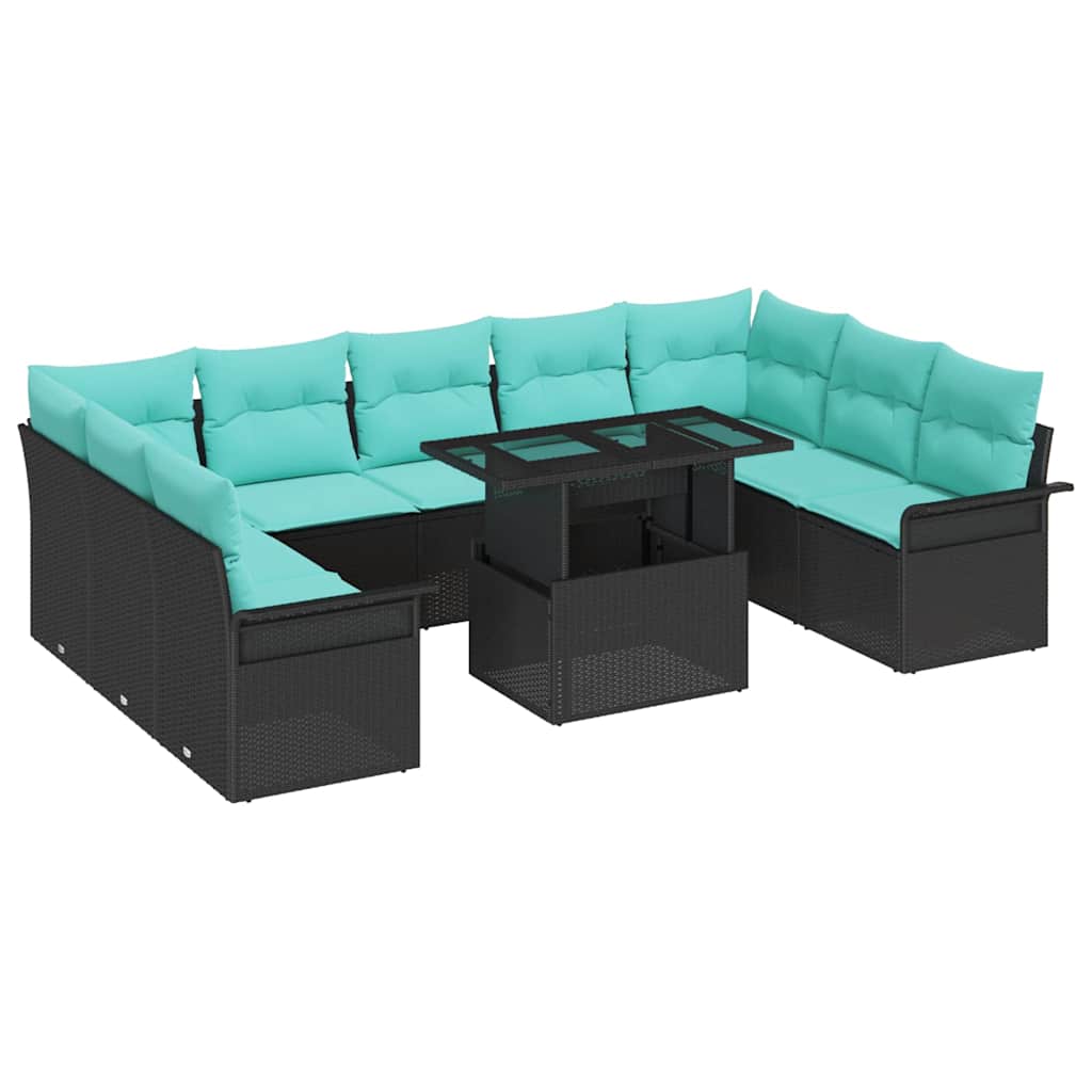 Set Divano da Giardino con cuscino 10 pcs Nero Poly Rattan | homemem39