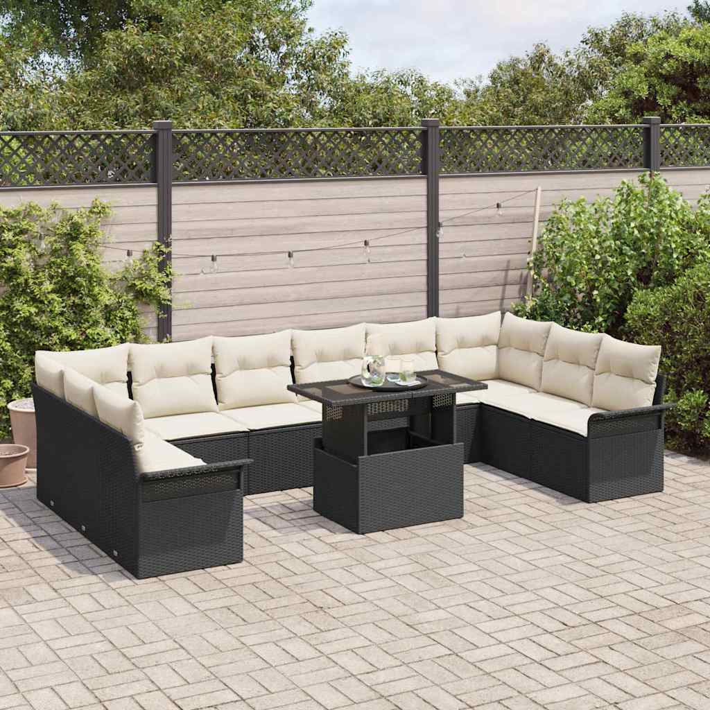 Set Divano da Giardino con cuscino 11 pcs Nero Poly Rattan | homemem39