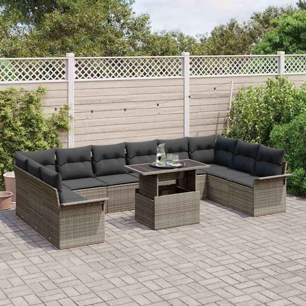 Set Divano da Giardino con cuscino 11 pcs Grigio Poly Rattan | homemem39