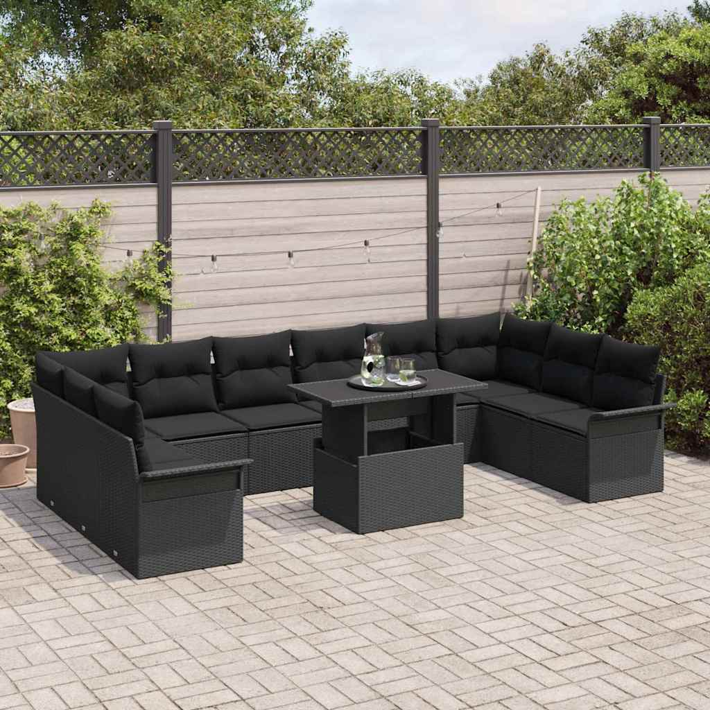 Set Divano da Giardino con cuscino 11 pcs Nero Poly Rattan | homemem39
