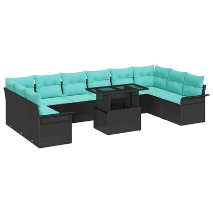 Set Divano da Giardino con cuscino 11 pcs Nero Poly Rattan | homemem39