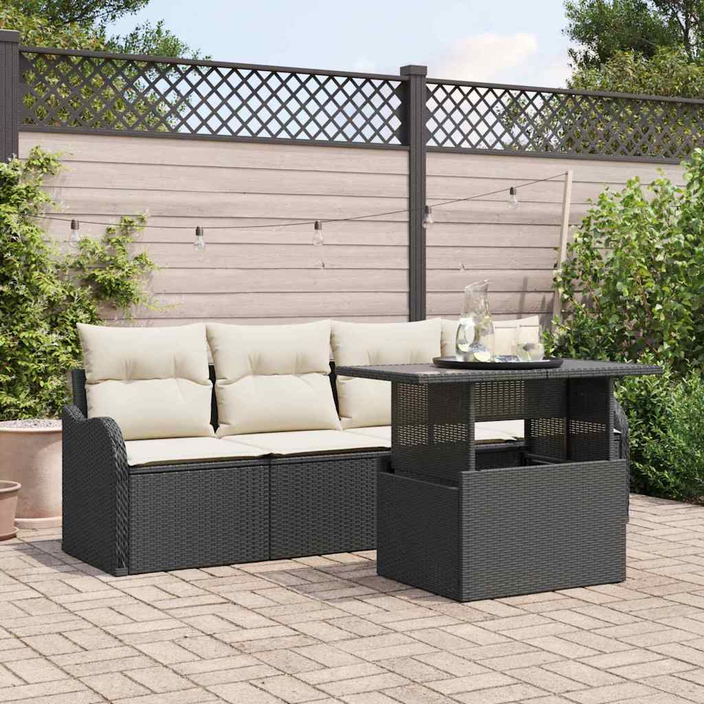 Set Divano da Giardino con cuscino 5 pcs Nero Poly Rattan | homemem39