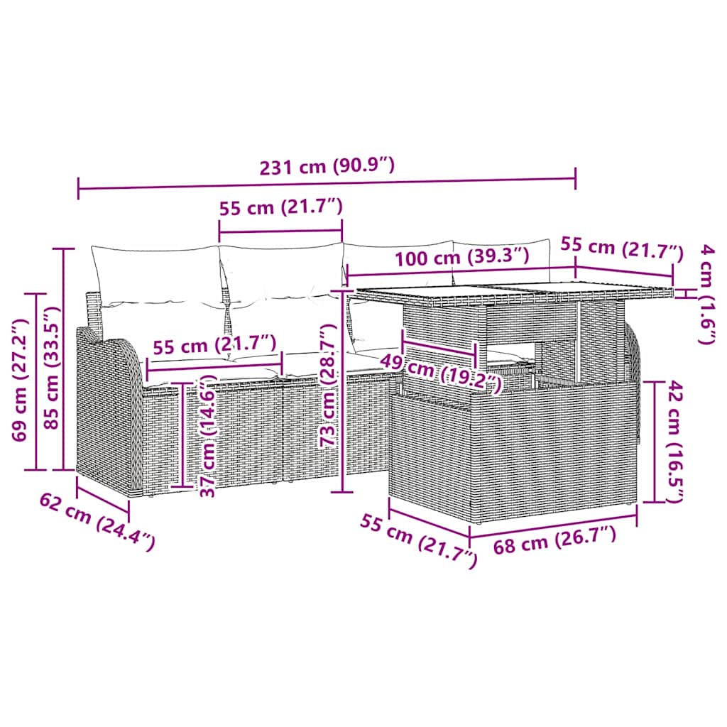 Set Divano da Giardino con cuscino 5 pcs Nero Poly Rattan | homemem39