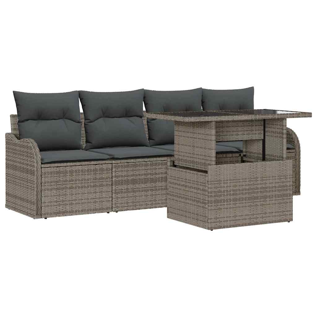 Set Divano da Giardino con cuscino 5 pcs Grigio Poly Rattan | homemem39