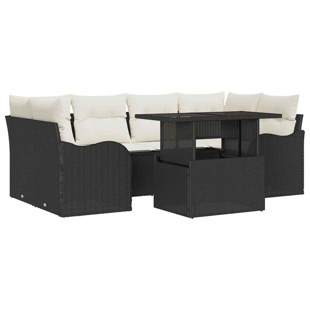 Set Divano da Giardino con cuscino 7 pcs Nero Poly Rattan | homemem39