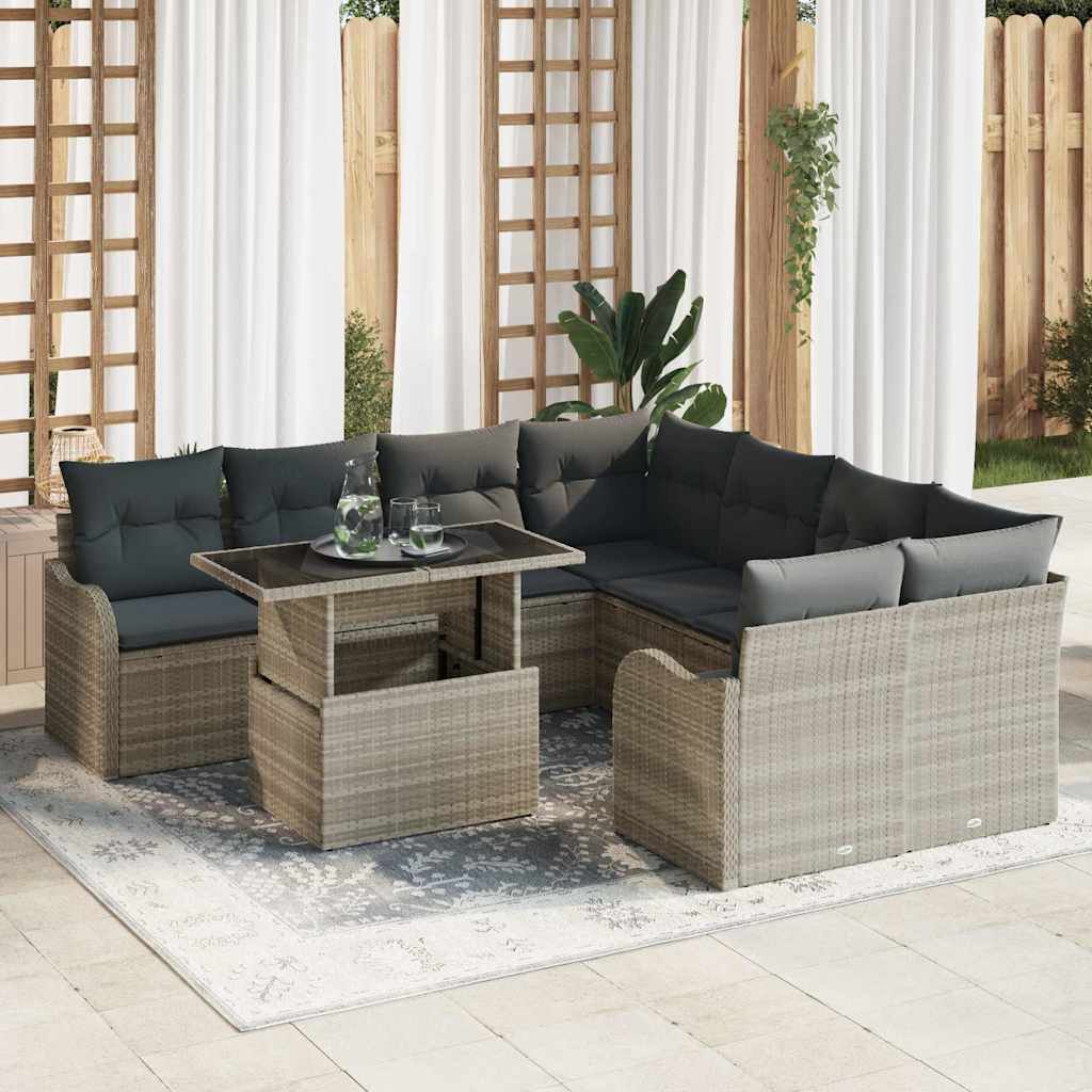 Set Divano da Giardino 9 pcs Grigio chiaro Poly Rattan | homemem39