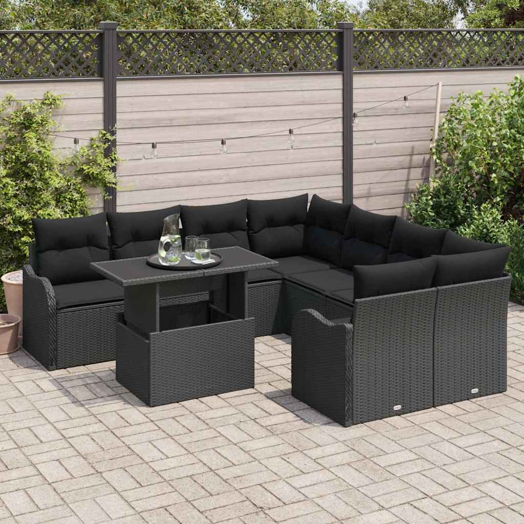 Set Divano da Giardino con cuscino 9 pcs Nero Poly Rattan | homemem39