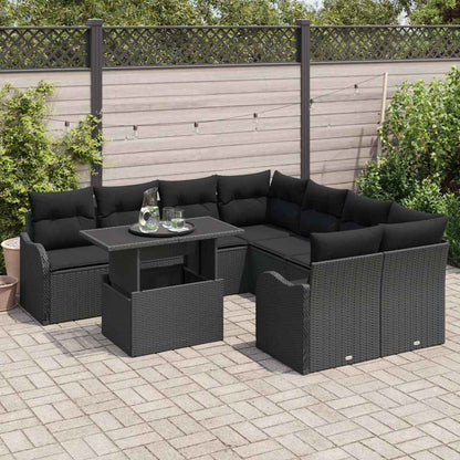 Set Divano da Giardino con cuscino 9 pcs Nero Poly Rattan | homemem39