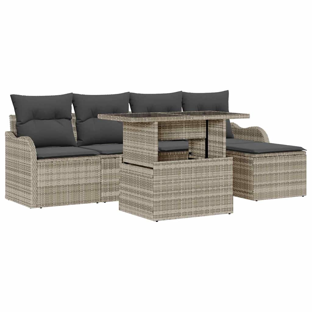 Set da esterno con cuscino 6 pcs Grigio chiaro Poly Rattan | homemem39