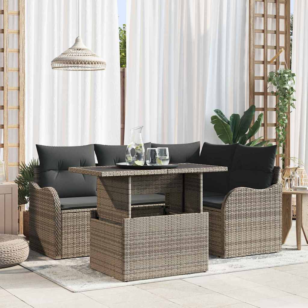 Set da pranzo per esterni con cuscino 5 pcs Grigio Poly Rattan | homemem39