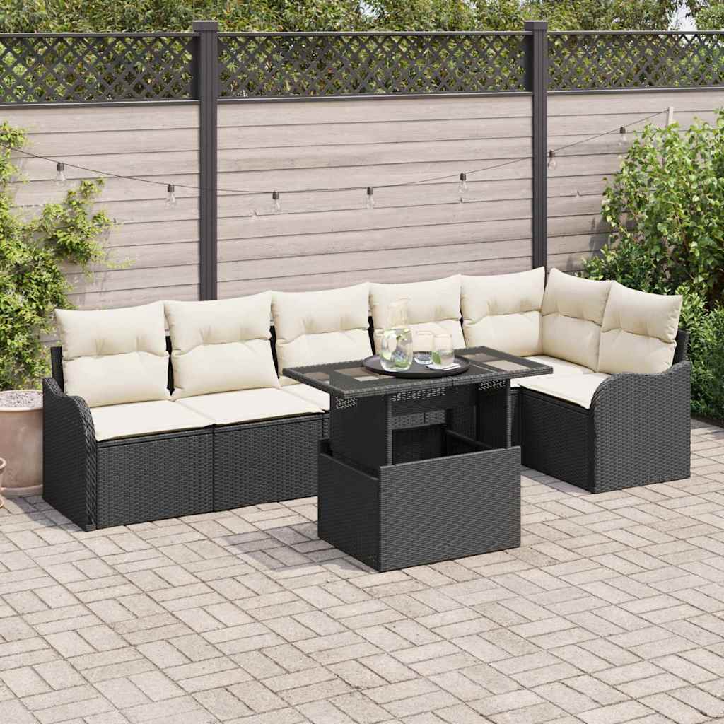 Set di divani con cuscino 7 pcs Nero Poly Rattan | homemem39