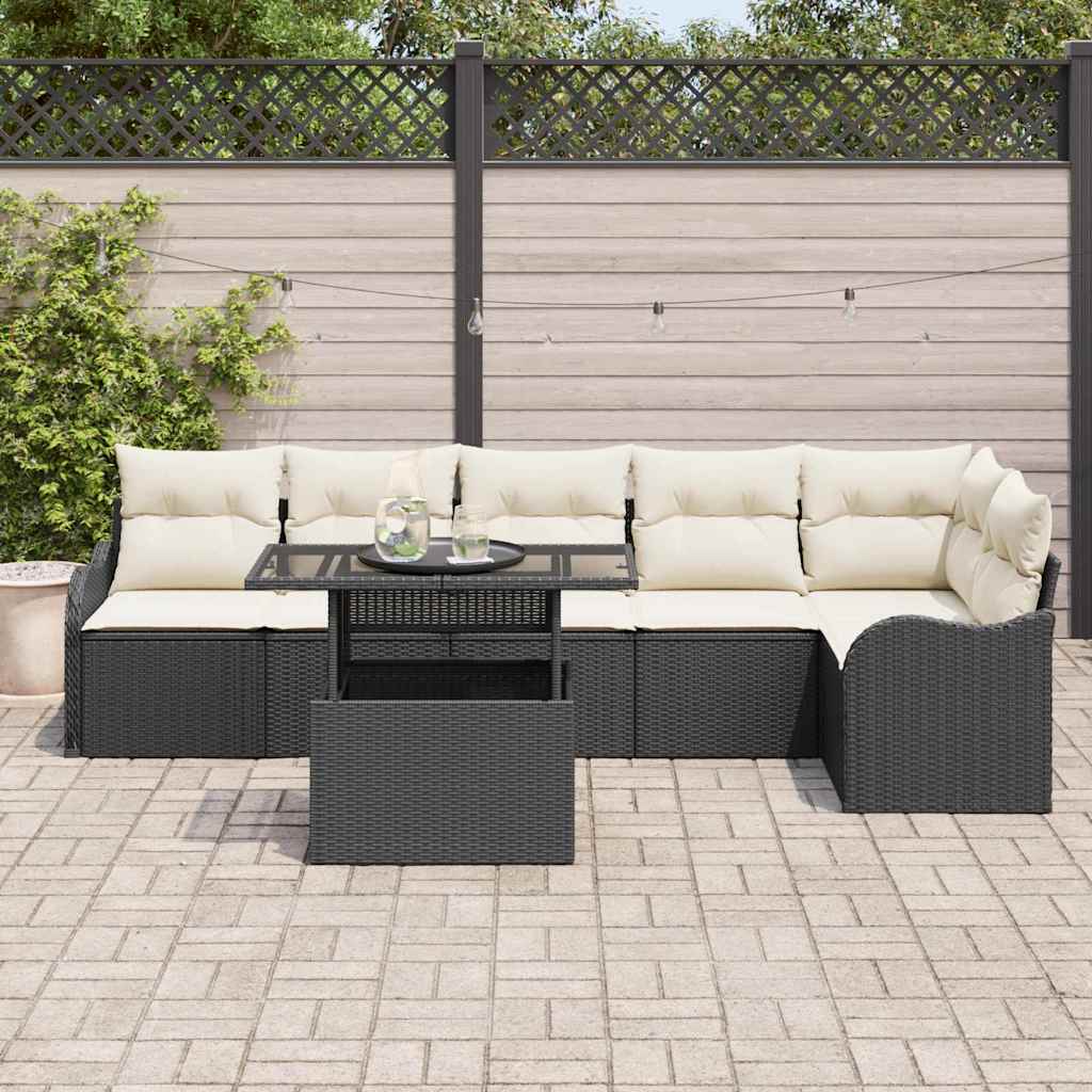 Set di divani con cuscino 7 pcs Nero Poly Rattan | homemem39