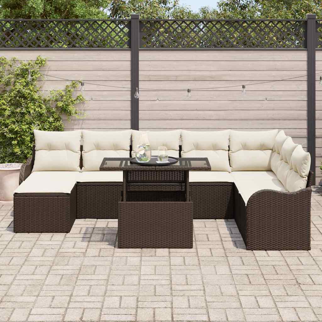 Set Divano da Giardino con cuscino 9 pcs Marrone Poly Rattan | homemem39