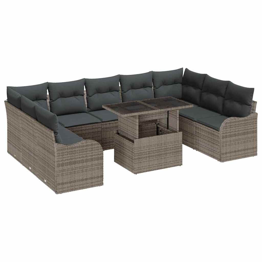Set Divano da Giardino con cuscino 10 pcs Grigio Poly Rattan | homemem39
