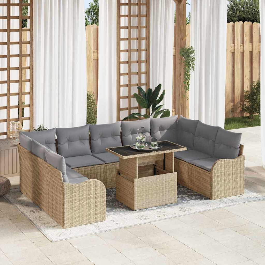 Set Divano da Giardino con cuscino 10 pcs Beige Poly Rattan | homemem39