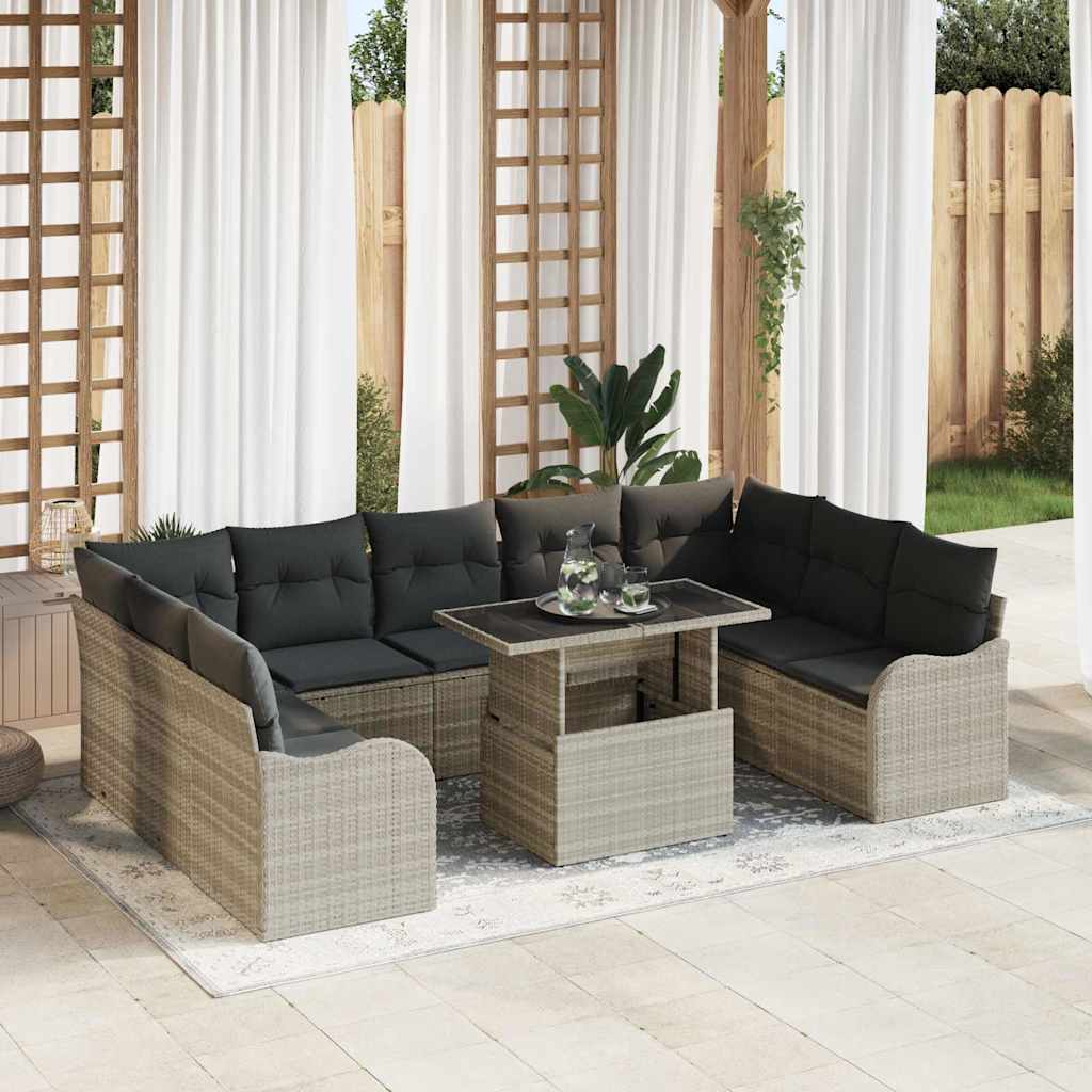 Set Divano da Giardino 10 pcs Grigio chiaro Poly Rattan | homemem39