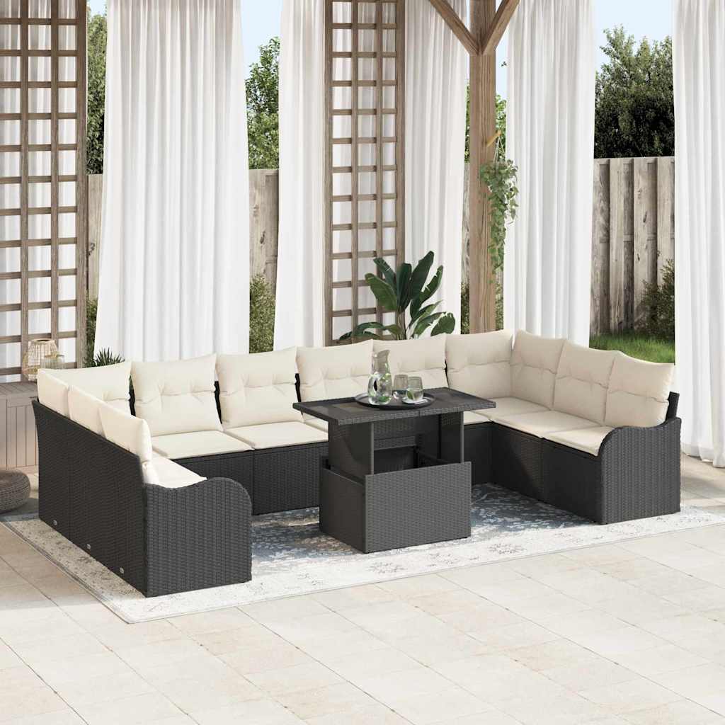 Set Divano da Giardino con cuscino 11 pcs Nero Poly Rattan | homemem39