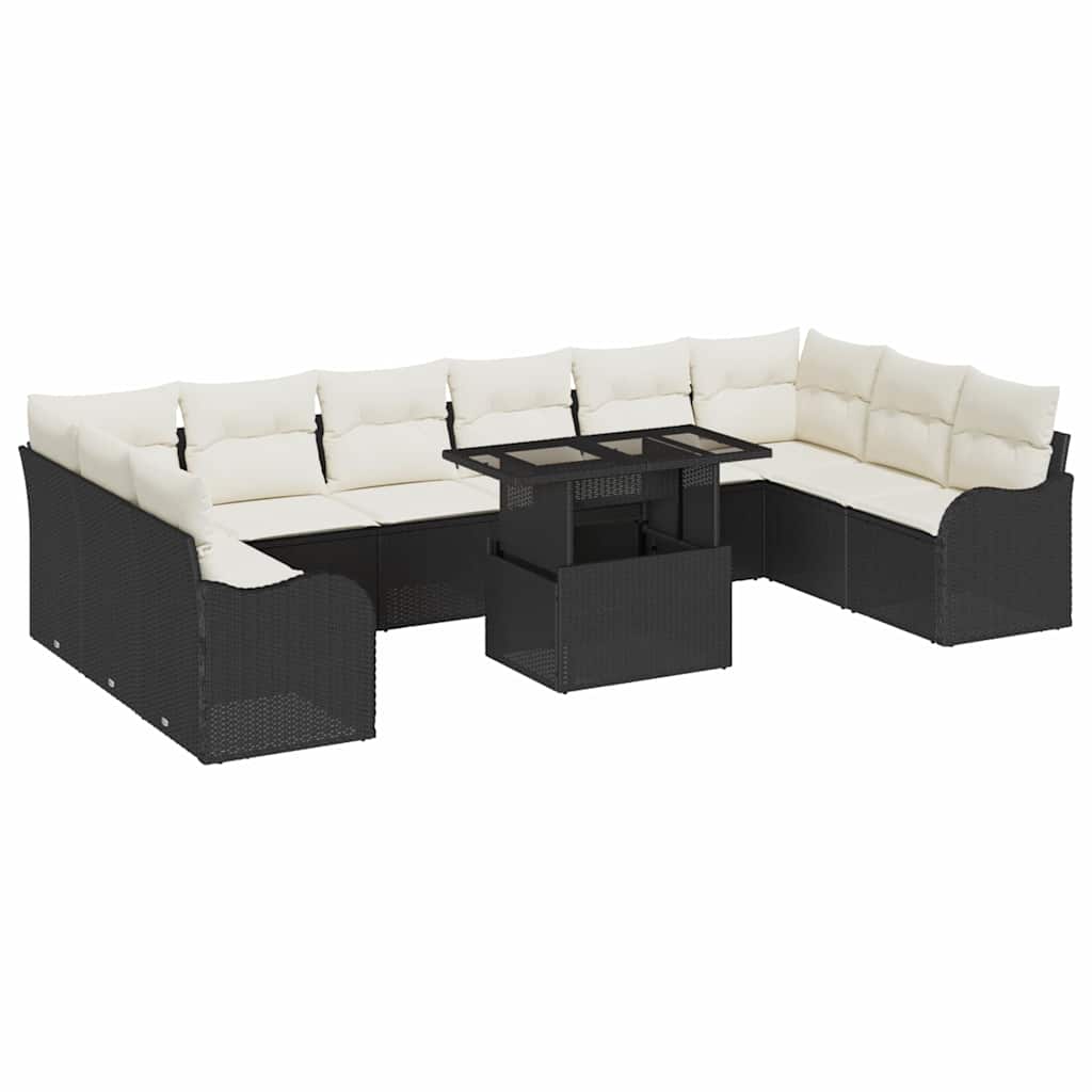 Set Divano da Giardino con cuscino 11 pcs Nero Poly Rattan | homemem39
