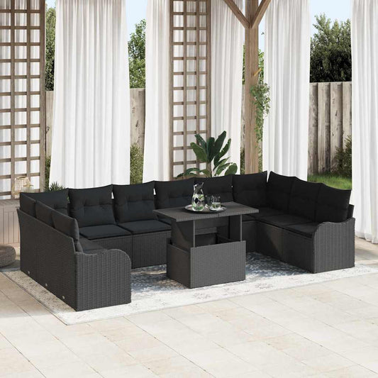 Set Divano da Giardino con cuscino 11 pcs Nero Poly Rattan | homemem39