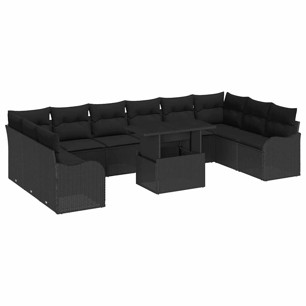 Set Divano da Giardino con cuscino 11 pcs Nero Poly Rattan | homemem39