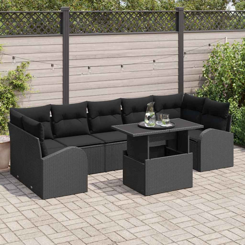 Set Divano da Giardino con cuscino 8 pcs Nero Poly Rattan