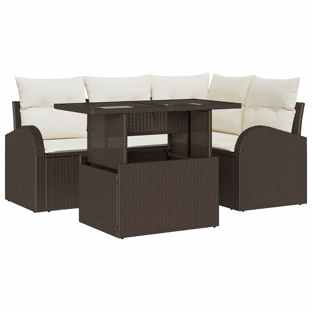 Set Divano da Giardino con cuscino 5 pcs Marrone Poly Rattan | homemem39