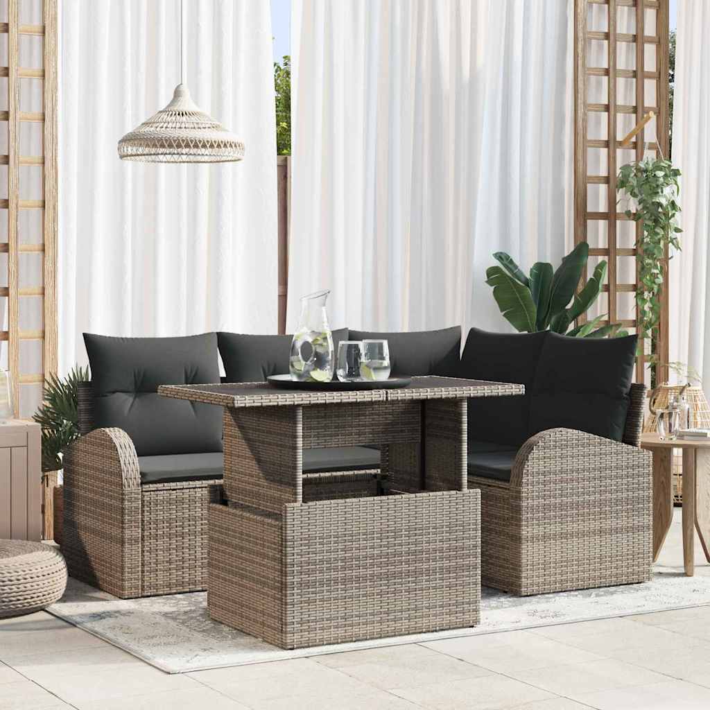 Set Divano da Giardino con cuscino 5 pcs Grigio Poly Rattan | homemem39