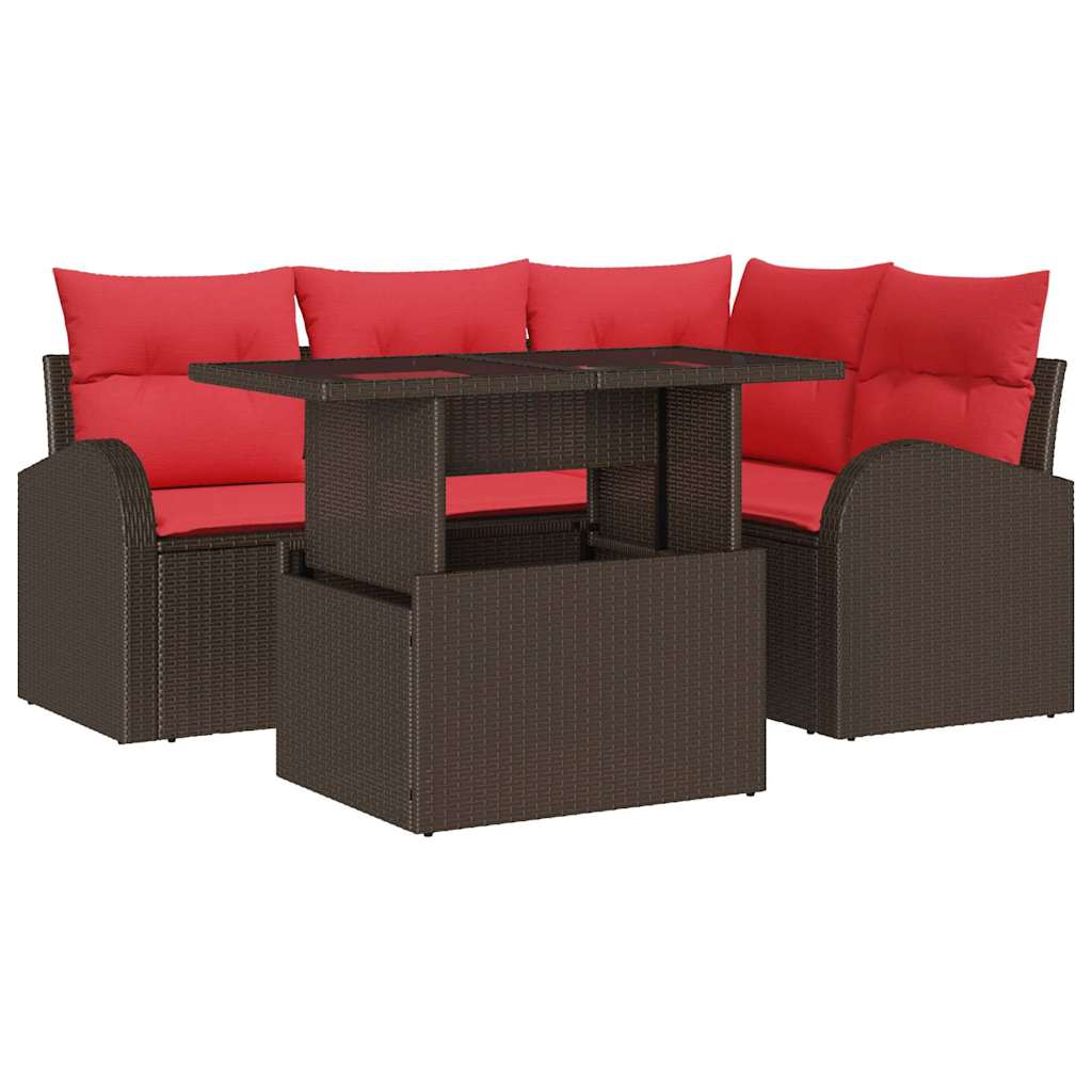 Set Divano da Giardino 5 pcs Marrone e Rosso polyrattan | homemem39
