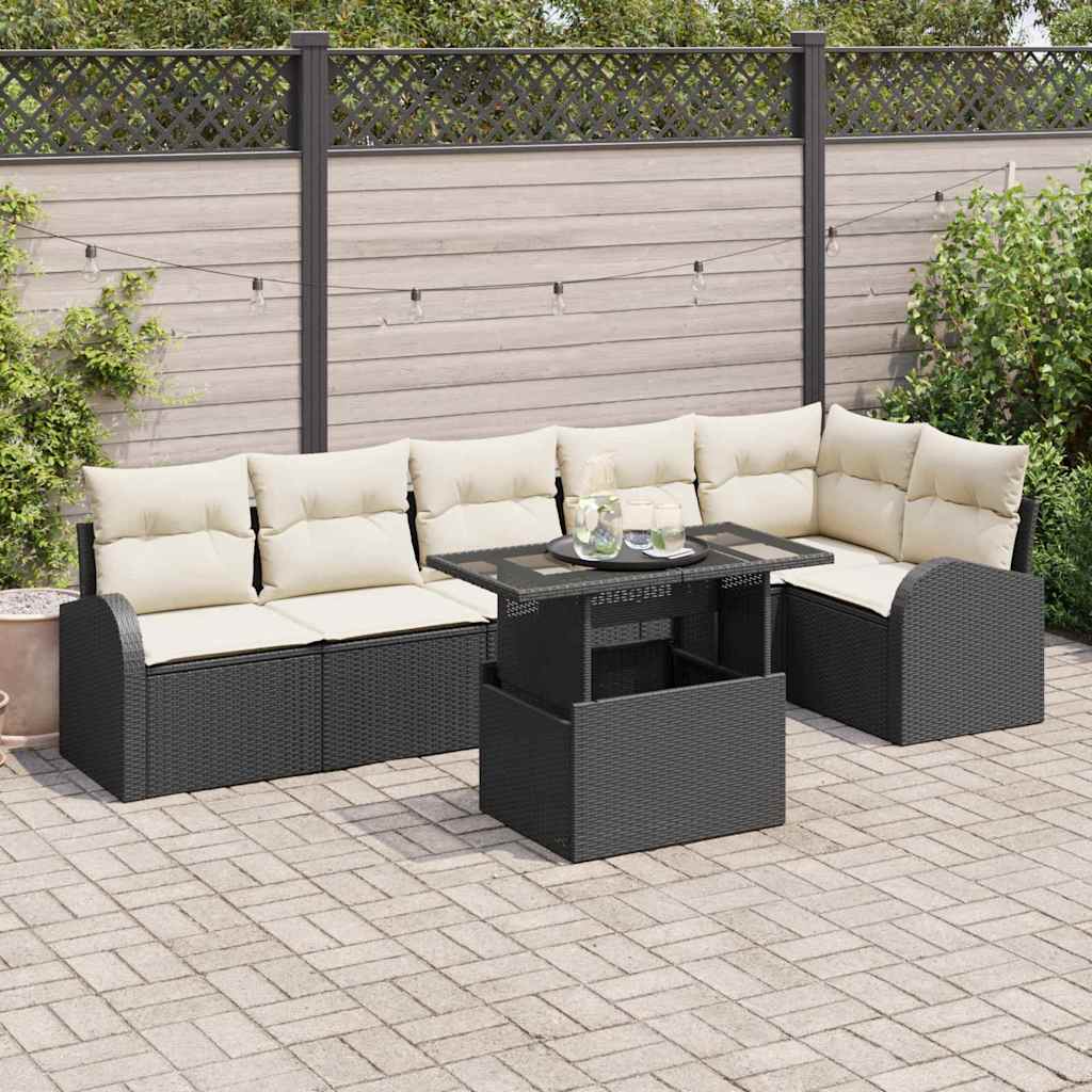 Set Divano da Giardino 7 pcs Nero e crema polyrattan | homemem39