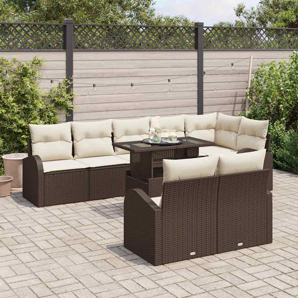 Set Divano da Giardino 9 pcs Marrone e Crema polyrattan | homemem39